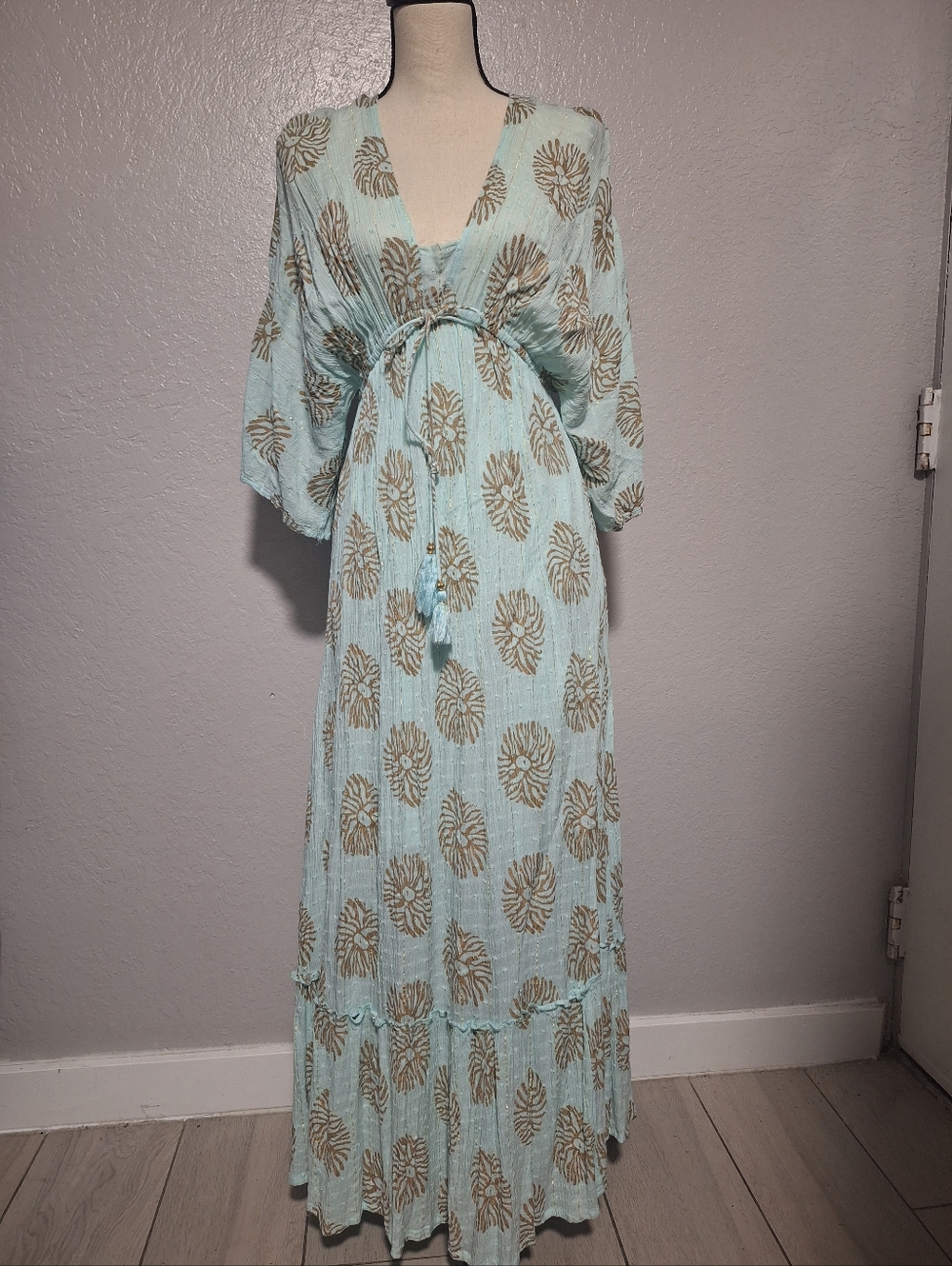 Zury Boho Maxi Dress with Tie Waist in Light Aqua and Tan Gold Threading O/S